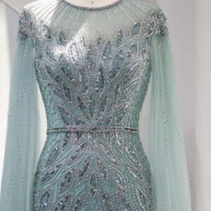 Luxury Blue Mermaid Evening Dress with Cape Sleeves